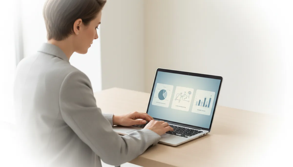 Profissional de vendas analisando painel de dados e recomendações de IA em notebook Profissional de vendas analisando painel de dados e recomendações de IA em notebook