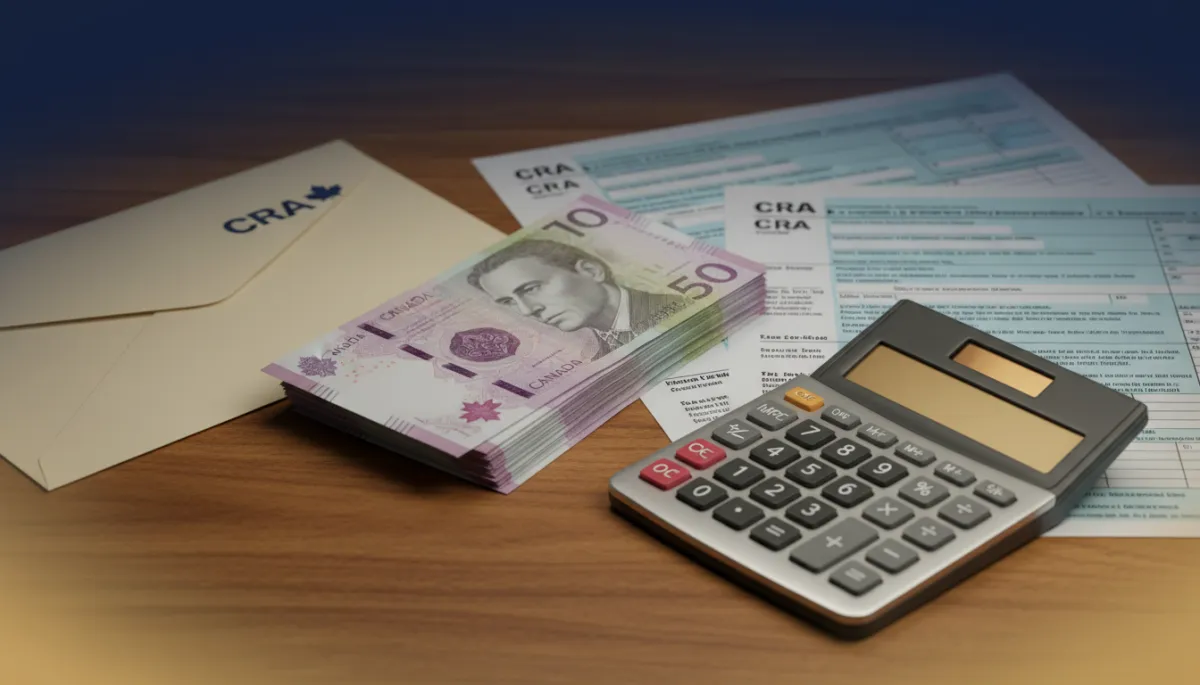 professional warm-toned close-up of Canadian tax forms, CRA envelope, calculator, and neatly stacked Canadian banknotes on a wooden desk, soft light, serious but calm mood