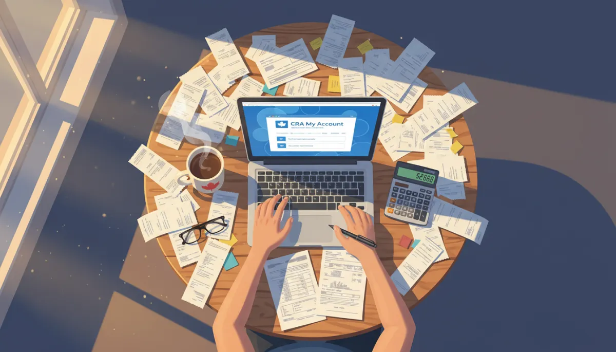 Overhead view of a Canadian freelancer at a kitchen table surrounded by receipts, a laptop showing CRA website, a calculator, and a mug of coffee, evening light coming through the window