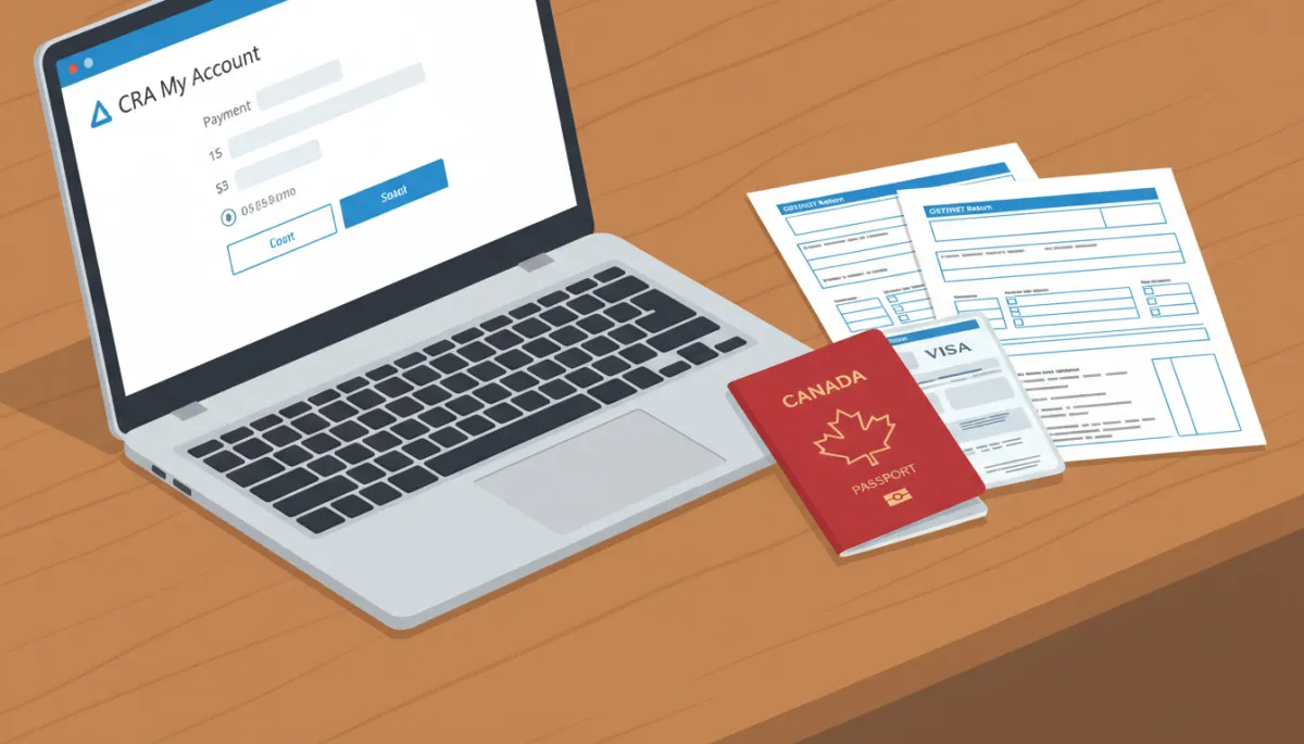 Close-up of a laptop displaying a CRA My Account payment screen, with a Canadian passport and GST/HST return forms beside it on a wooden desk