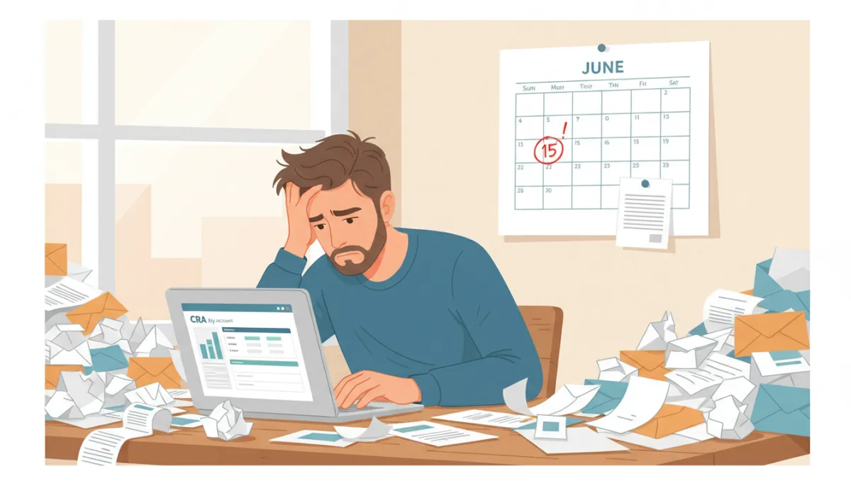 Stressed self-employed Canadian sitting at a kitchen table covered with receipts, a laptop open to a CRA tax page, and a large wall calendar showing June 15 circled in red