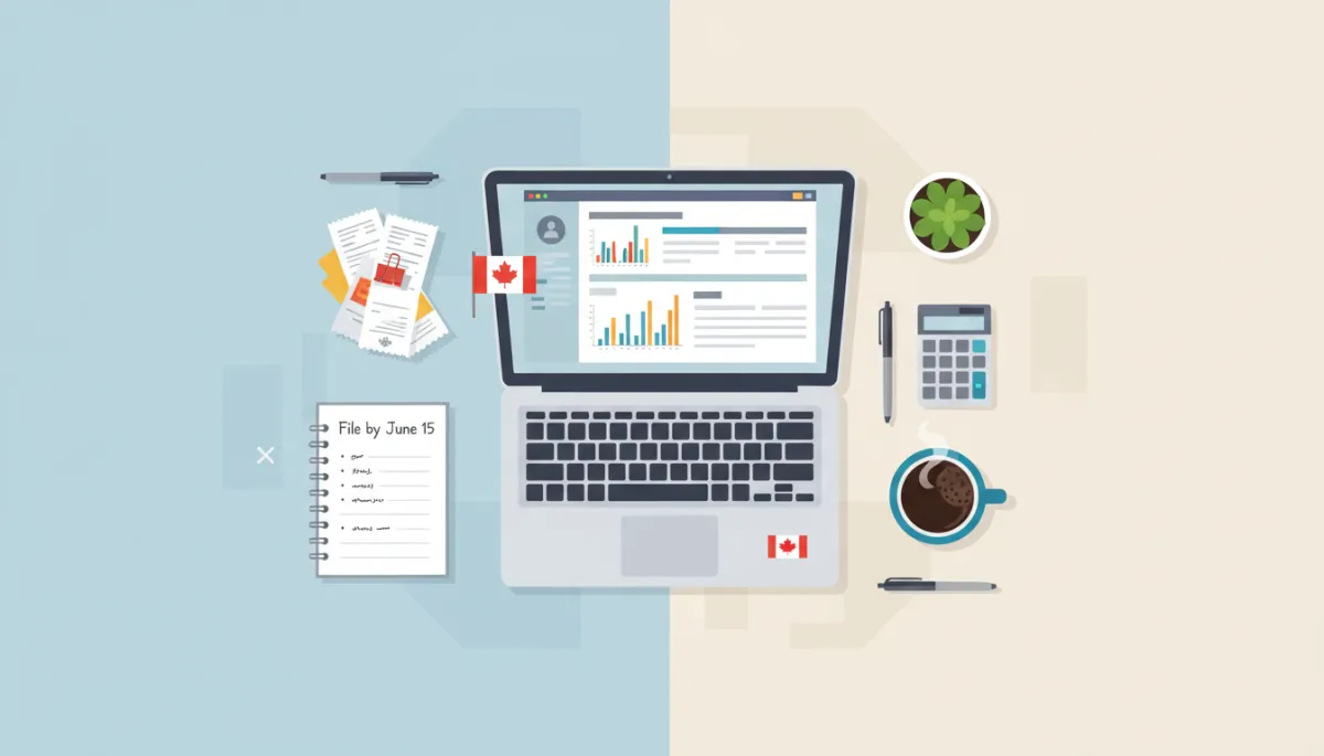 Overhead shot of a Canadian freelancer’s tidy workspace with a laptop showing a tax preparation screen, organized receipts, a notebook with a to-do list titled 'File by June 15', and a cup of coffee
