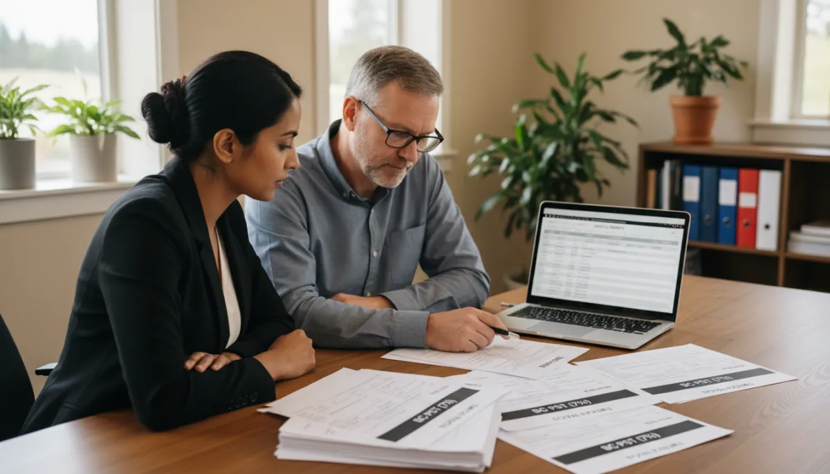 BC small business owner reviewing bookkeeping invoices showing new 7% PST charges with professional bookkeeper