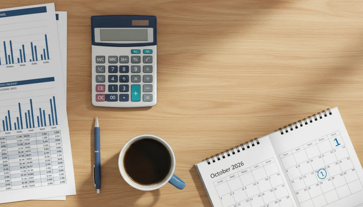 photorealistic warm-toned overhead flatlay of a modern wooden desk with printed payroll documents, a calculator, a pen, a coffee cup, and an open paper calendar clearly showing October 2026 with October 1 circled, soft natural light and tidy organized layout