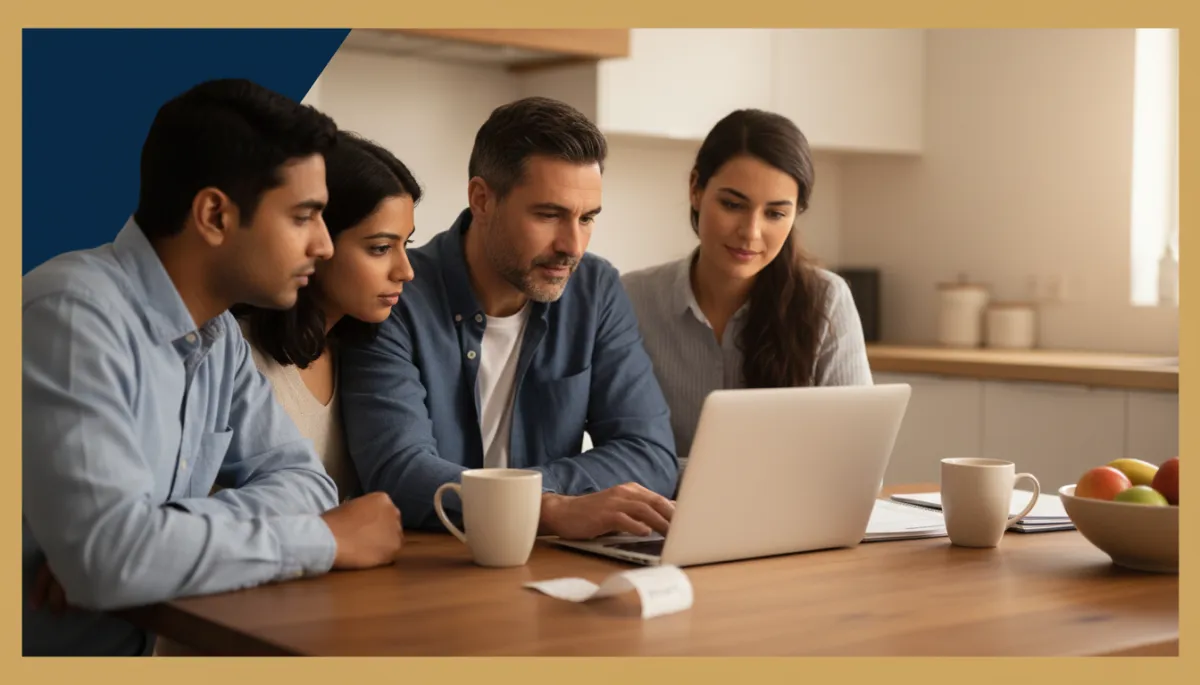 professional warm-toned photo of a diverse Canadian family at a kitchen table reviewing their online banking on a laptop, coffee mugs and grocery receipt on the table, soft natural light, calm but focused expressions