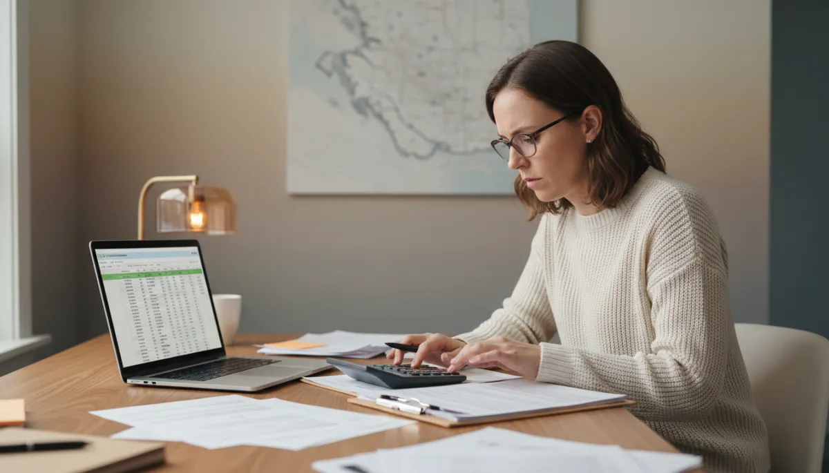 professional photorealistic scene of a BC small business owner at a tidy desk reviewing tax documents and invoices with a calculator and laptop open to financial statements, subtle map of British Columbia in background, neutral colours, slightly urgent mood