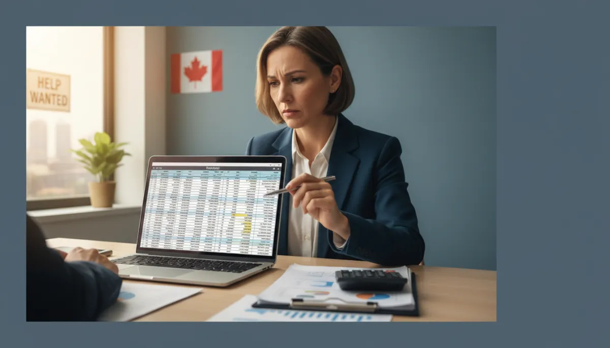 photorealistic warm-toned Canadian small business owner sitting at a tidy office desk, laptop open to a payroll spreadsheet, printed documents and calculator nearby, owner looking concerned but focused while reviewing numbers, subtle Canadian flag and HELP WANTED sign visible in background, soft natural light, professional atmosphere