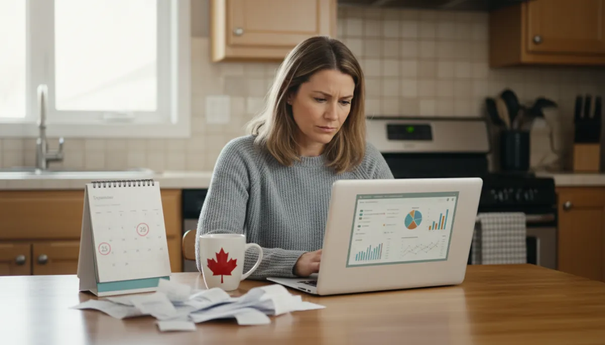 photorealistic neutral-toned scene of a Canadian small business owner at a kitchen table with a laptop open to a financial dashboard, calendar beside them with September dates circled, coffee mug and stack of receipts on the table, soft natural light, calm but focused mood