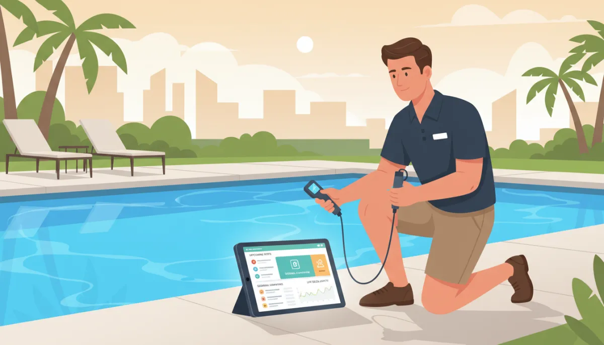 Modern pool maintenance technician checking water chemistry beside a bright blue residential pool while a tablet on the deck shows a CRM dashboard with upcoming visits, seasonal campaigns, and live call activity