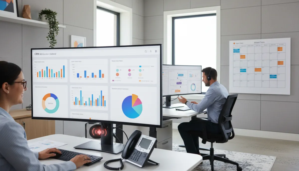 Photorealistic modern school admin office with two staff members at desks, large monitor showing a colorful CRM admissions dashboard, phone with call notification, and wall calendar of open days and school tours