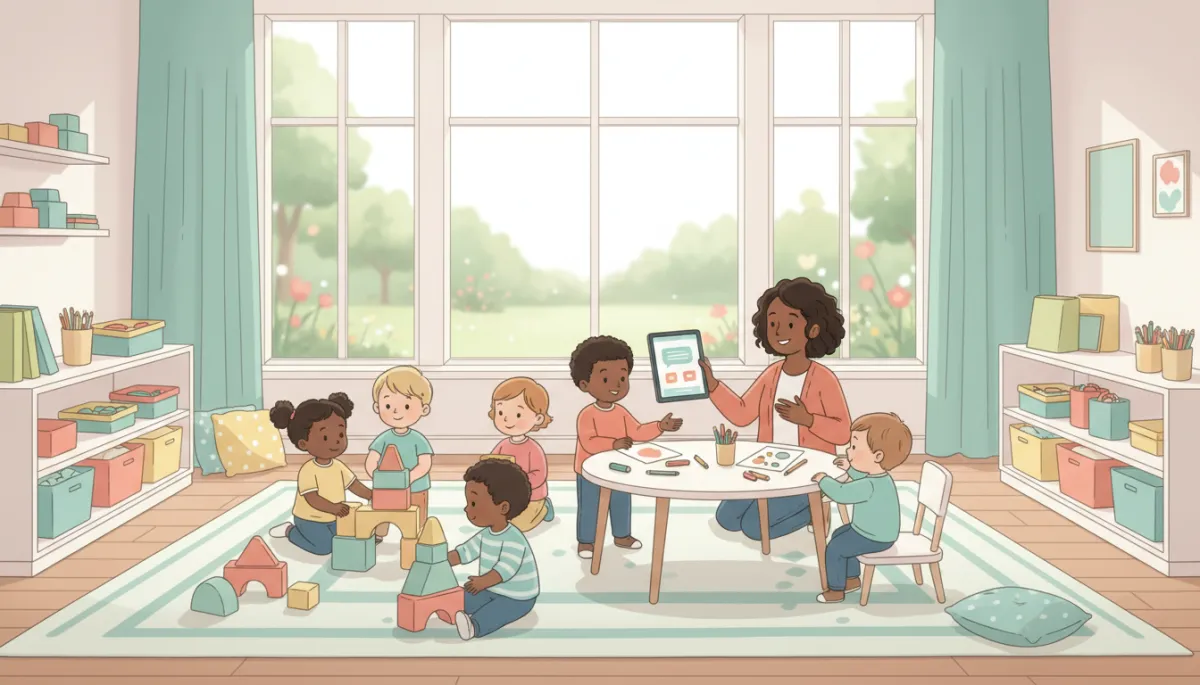 Bright modern nursery classroom with low shelves, diverse toddlers playing with blocks and art materials, teacher standing near a round table using a tablet to check attendance and message parents, large windows with natural light, soft pastel decor