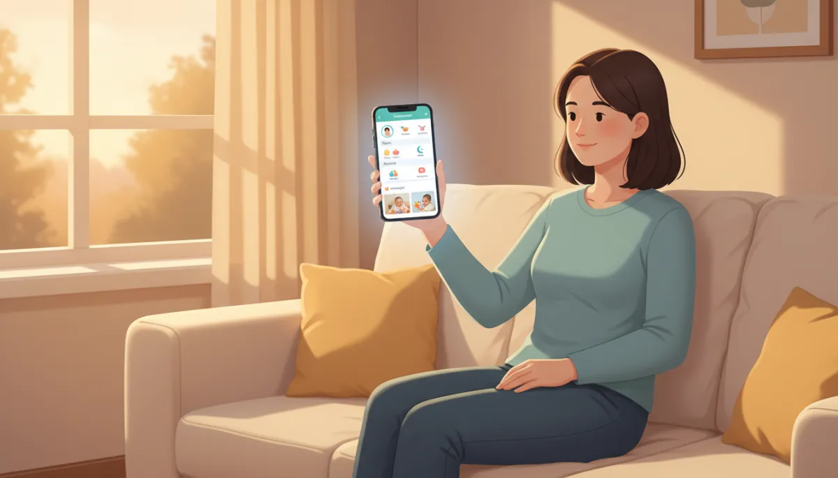Parent sitting on a sofa at home, smiling while looking at their smartphone displaying a detailed digital daily report from a nursery school with photos, meals, naps, and messages, warm evening light, cozy living room