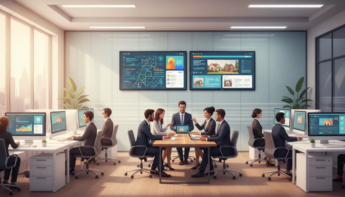 Photorealistic modern real estate agency office with agents at desks, large wall screens showing CRM dashboards and property listings, warm natural light, glass partitions, diverse team collaborating around a table