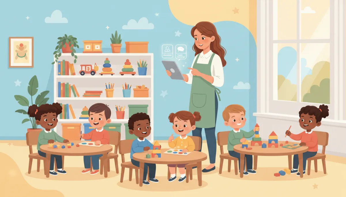 Bright daycare classroom with diverse toddlers playing at low tables, a cheerful teacher standing near a shelf using an iPad to manage attendance and parent messages in real time
