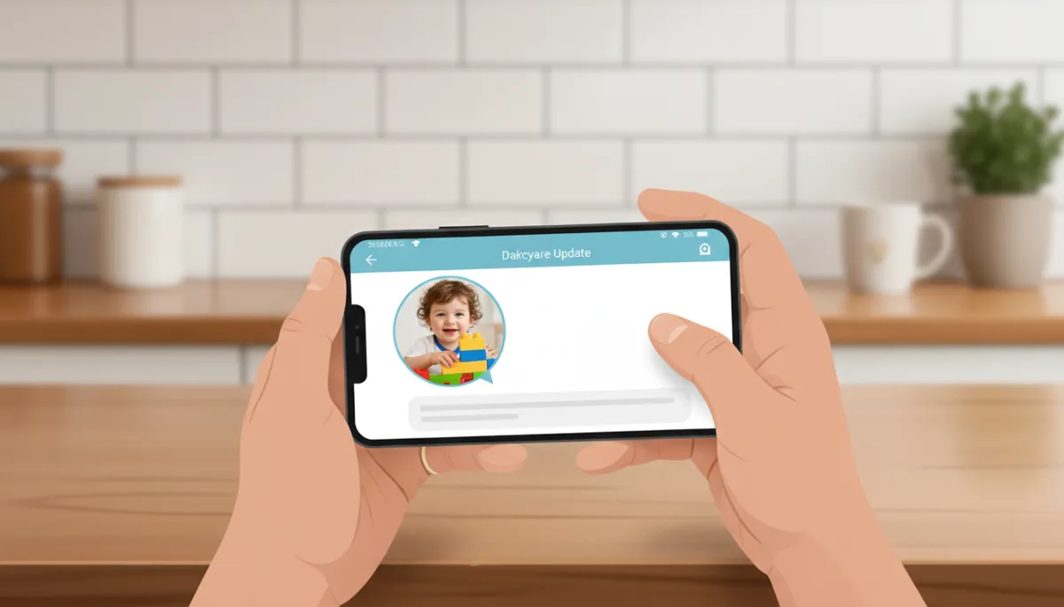 Close-up of a parent holding a smartphone at a kitchen counter, screen showing a real-time daycare update notification with photo and message about their child’s day
