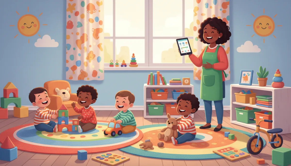 Cheerful daycare room with colorful rugs and toys, a diverse group of toddlers playing while a smiling teacher stands near a low shelf using an iPad to manage attendance and send parent updates