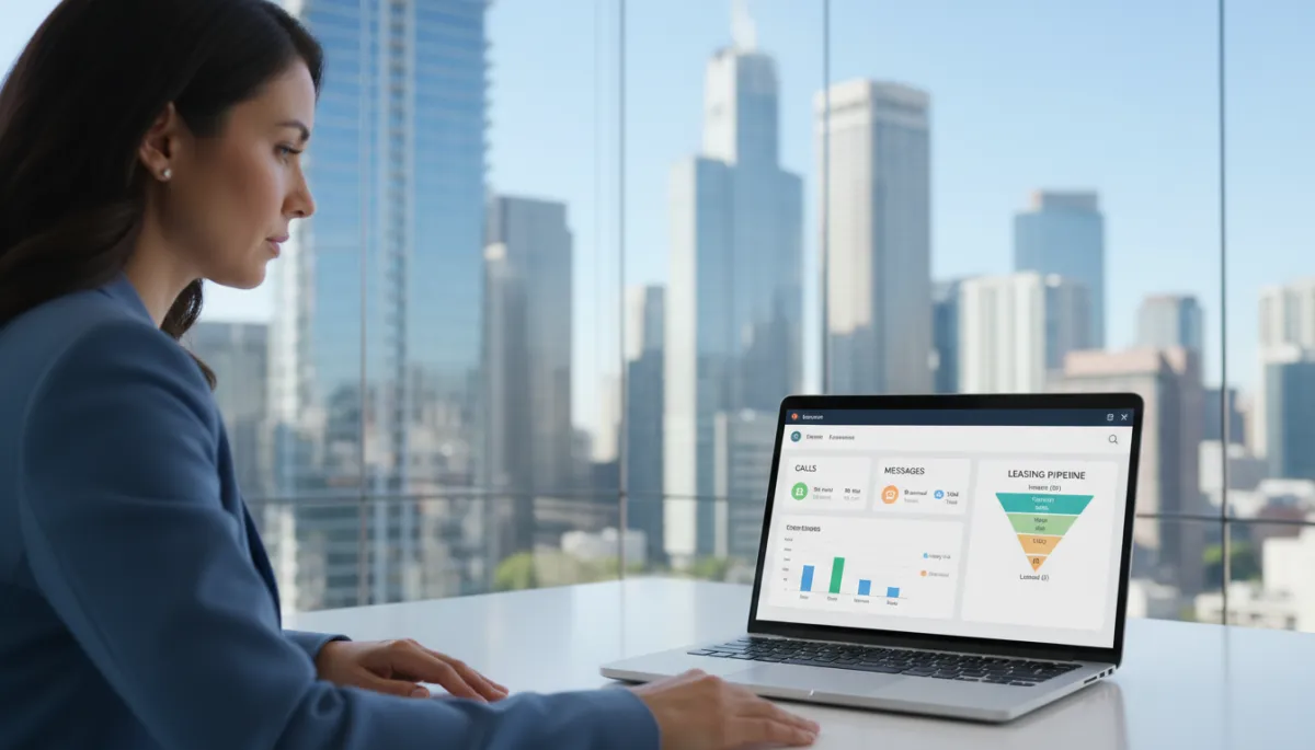 Photorealistic property management professional in a modern glass-walled office, looking at a laptop with a CRM dashboard showing calls, messages, and leasing pipeline metrics, city skyline visible through windows, natural daylight