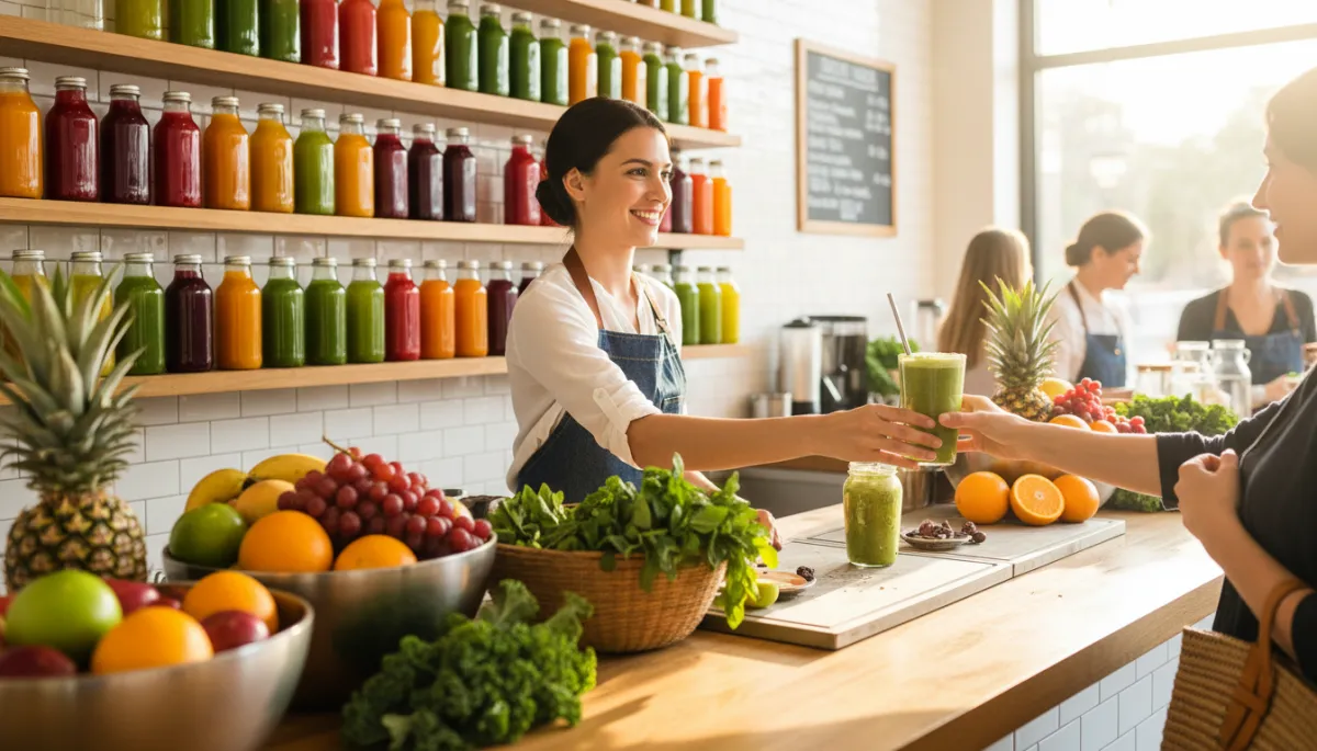 Photorealistic vibrant juice bar counter with rows of colorful cold-pressed juices, fresh fruits and leafy greens on display, a smiling barista handing a green smoothie to a customer, warm natural light, busy but organized atmosphere