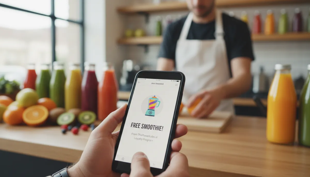 Photorealistic close-up of a customer at a juice bar receiving a loyalty reward notification on their smartphone, screen showing a free smoothie reward from ThePowerLabs.ai, blurred background of colorful juices and barista working