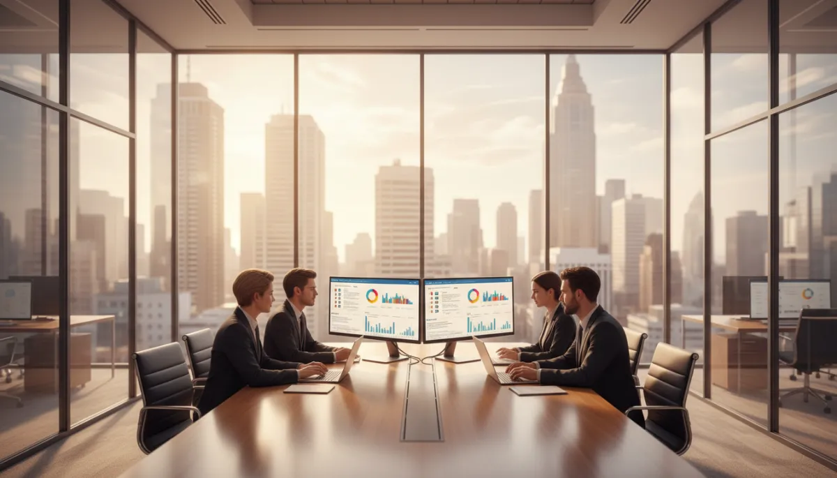 Photorealistic modern law firm office with glass walls, partners meeting at a large wooden conference table, dual monitors showing CRM dashboards, warm natural light from city-view windows