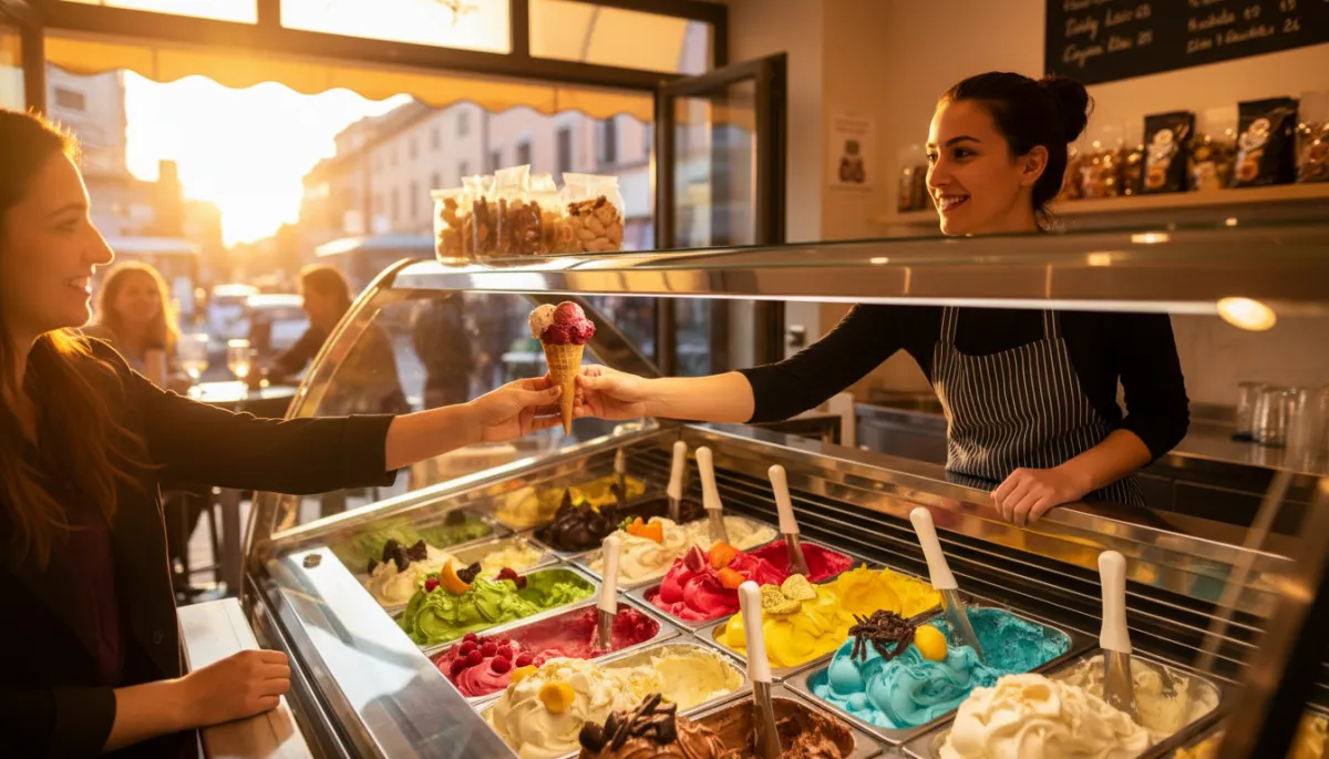 Photorealistic colourful gelato counter with multiple vibrant flavors in stainless steel pans, a smiling server handing a cone to a customer, warm evening lighting, busy shop interior