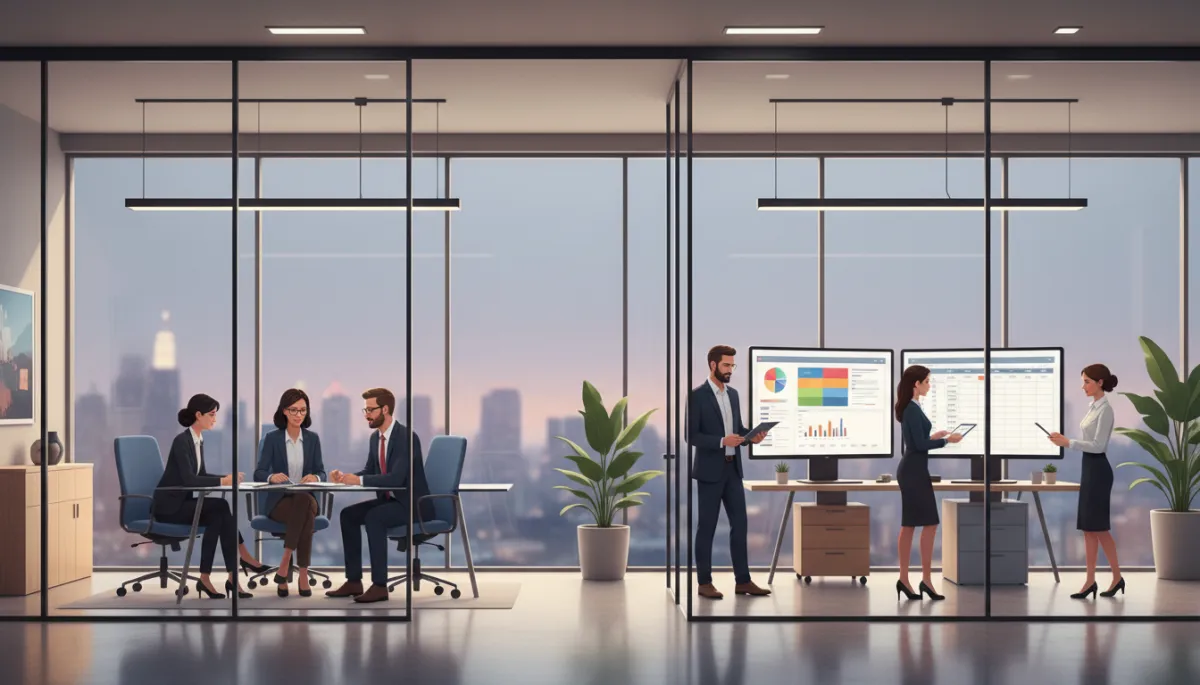 Photorealistic modern accounting firm office with glass walls, dual-monitor setups, and a diverse team of professionals collaborating over financial reports and a CRM dashboard on screen