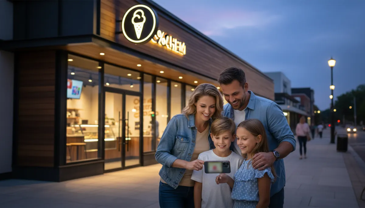 Photorealistic scene of a family standing outside a modern ice cream shop at dusk, parents and kids smiling as they look at a smartphone showing a discount offer notification, shop signage glowing softly in the background
