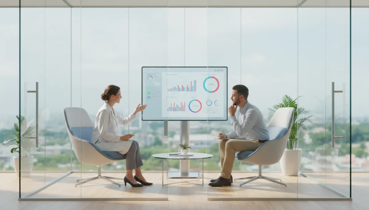 Photorealistic modern weight loss clinic consultation room with glass walls, ergonomic chairs, large screen showing CRM dashboard, clinician and patient discussing program options, bright natural light