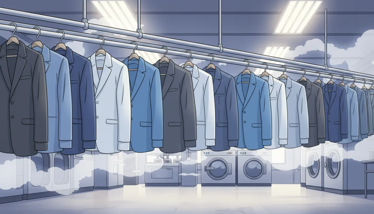 Row of freshly pressed shirts and suits on hangers moving along an overhead conveyor inside a bright, professional dry cleaning facility, with stainless steel equipment and steam in the background