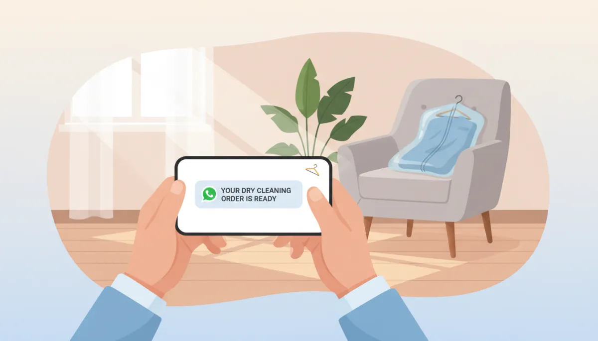 Close-up of a customer holding a smartphone showing a WhatsApp notification that reads your dry cleaning order is ready, with a clean living room background and a garment bag on a chair nearby