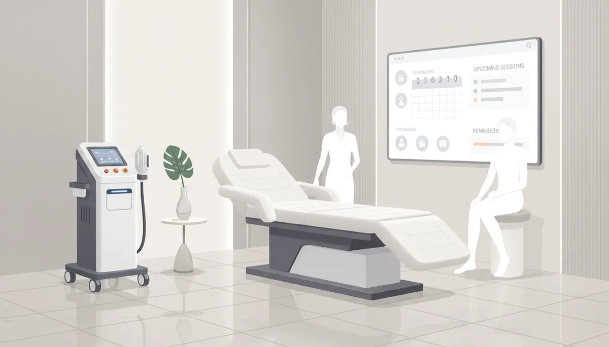 Photorealistic high-end laser hair removal clinic treatment room with a modern diode laser device, soft neutral lighting, minimalist decor, white treatment bed, and a wall-mounted screen showing a CRM dashboard with upcoming sessions and automated reminders
