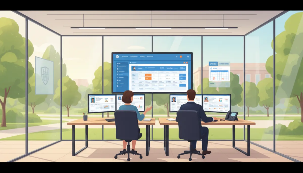 Photorealistic modern school administration office with glass walls, two staff members reviewing an admissions CRM dashboard on dual monitors, ringing desk phone, and large wall display of upcoming open days and tours; warm daylight, organized desks, subtle school branding on the wall
