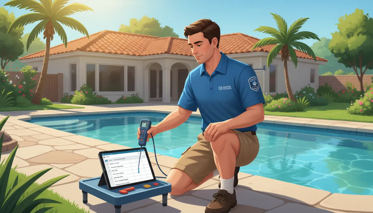 Photorealistic scene of a uniformed swimming pool maintenance professional kneeling beside a crystal-clear backyard pool, testing water with a digital meter while a tablet on the deck displays a CRM schedule and client notes, sunny suburban home in the background