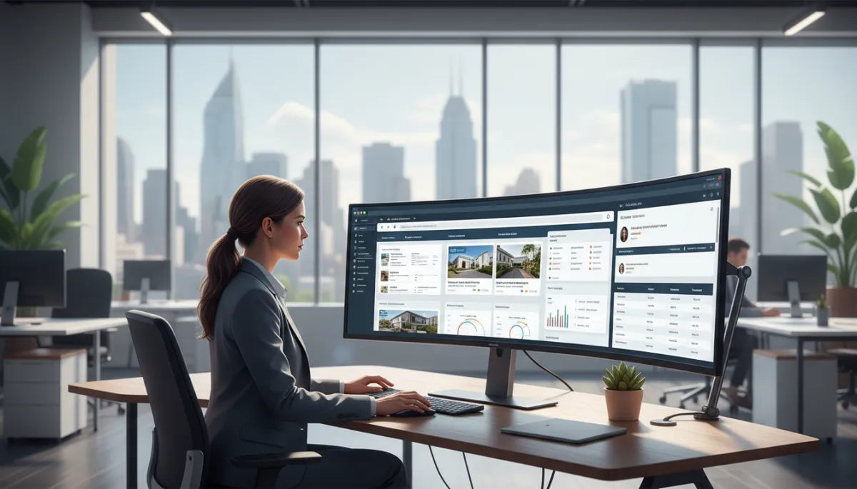 Photorealistic property management professional in a modern open-plan office, reviewing rental property listings and lead activity on a large monitor, with a second screen showing a CRM dashboard and call logs, daylight from floor-to-ceiling windows, subtle city skyline outside