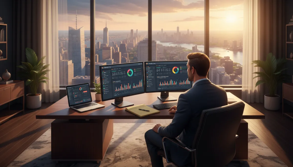 Photorealistic modern law firm office with a single attorney at a wooden desk, dual monitors showing CRM dashboards and intake metrics, floor-to-ceiling windows with city skyline, warm afternoon light, neatly organized case files and a laptop open beside a legal pad