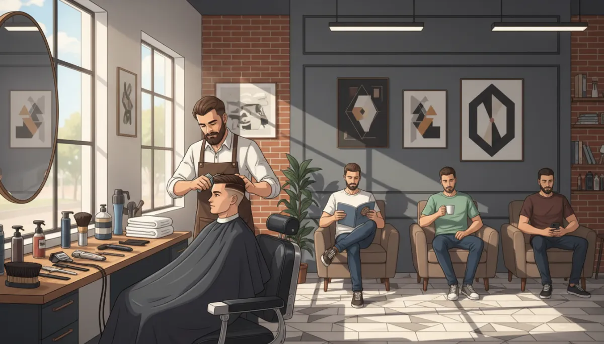 Photorealistic modern barbershop interior with a skilled barber giving a client a precise skin fade, clean lines, bright natural light, neatly arranged tools on the counter, other clients waiting comfortably in stylish chairs