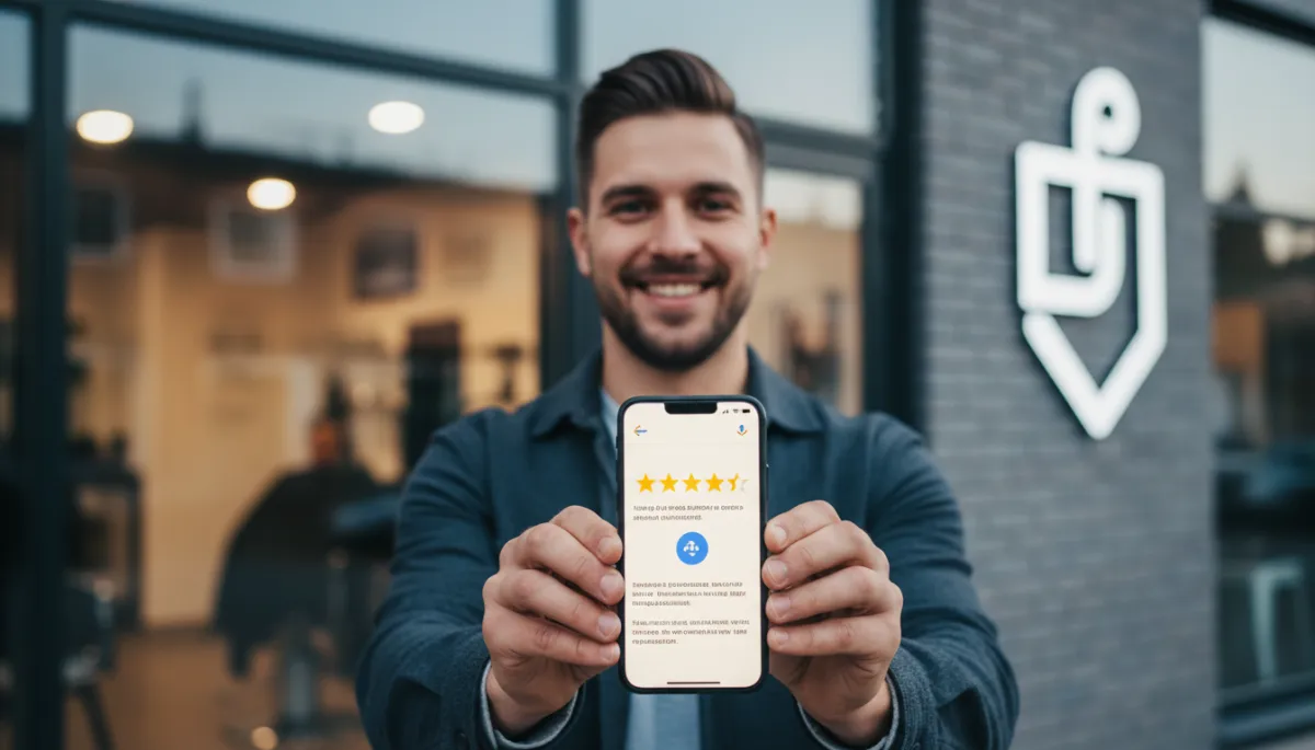 Photorealistic close-up of a client standing just outside a modern barbershop, smiling and holding a smartphone screen that clearly shows a 5-star Google review being submitted for the barbershop