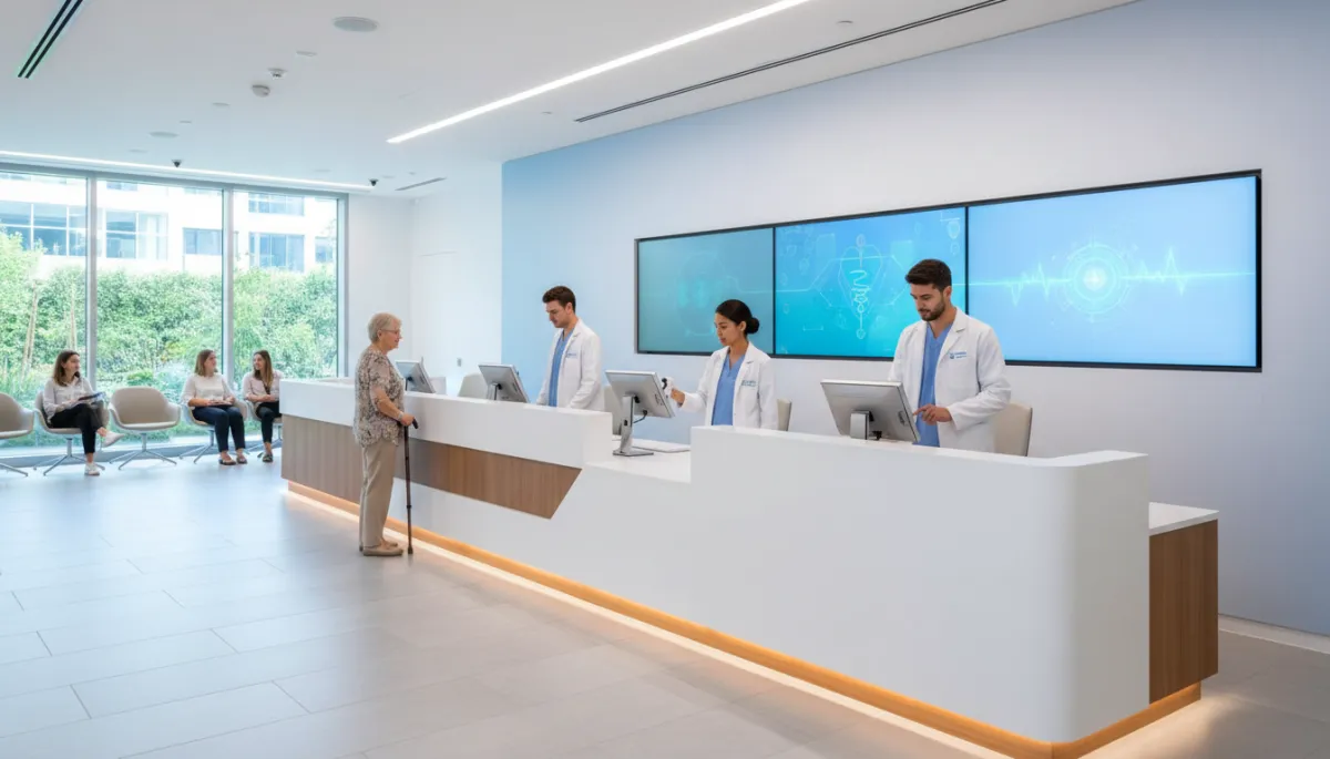Photorealistic modern diagnostic center reception with digital displays, medical staff assisting patients at check-in kiosks, bright lighting and clean clinical design