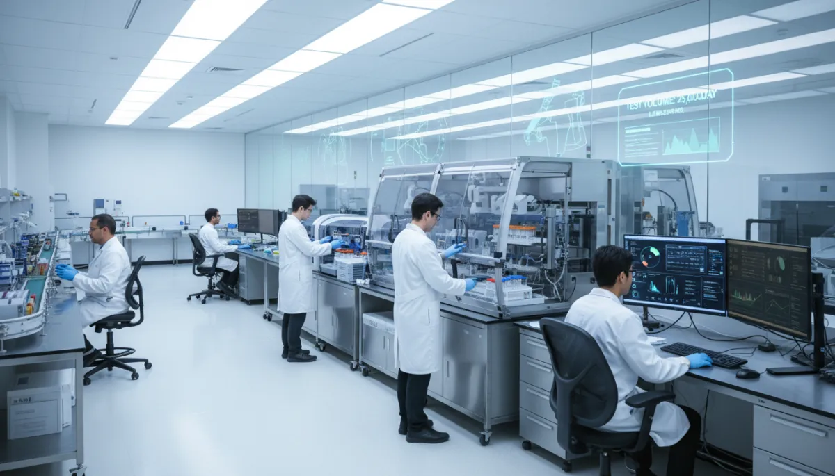 Photorealistic modern medical laboratory with technicians in lab coats working at analyzers and computers, bright lighting, automated sample processing equipment visible, glass walls and digital dashboards displaying test volumes and turnaround time metrics