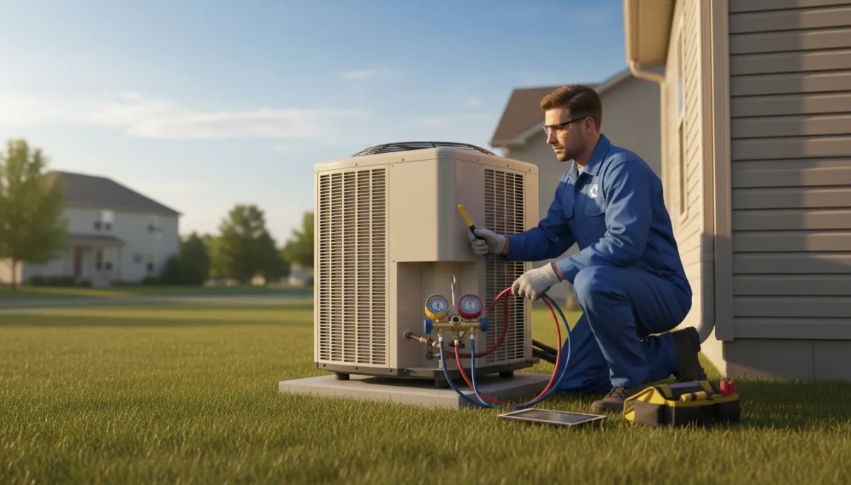 Photorealistic scene of a professional AC technician in branded uniform servicing a residential outdoor condenser unit beside a suburban home, using diagnostic tools and gauges on a warm sunny day
