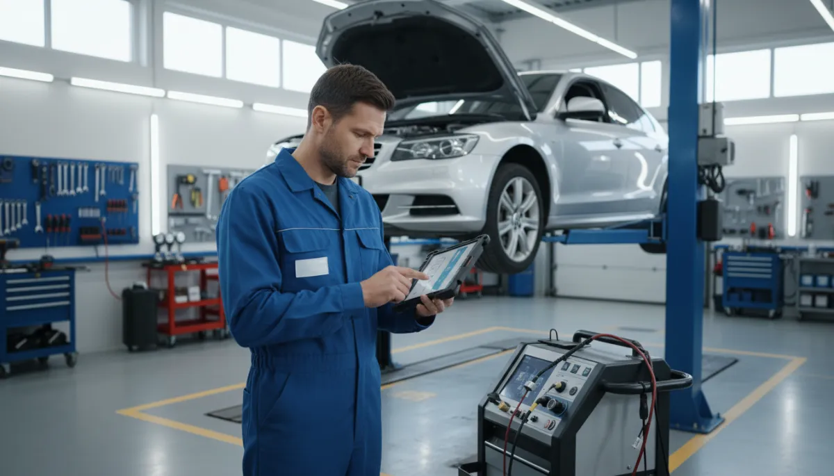 Photorealistic scene of a professional auto mechanic in a modern, well-lit repair shop using a tablet computer next to a car on a lift, diagnostic equipment visible, clean and organized workspace