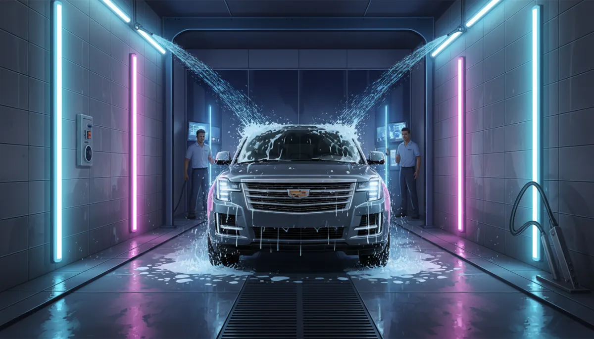 Photorealistic premium car wash facility with a luxury SUV moving through an automated tunnel, high-pressure water and foam spraying, bright LED lighting, staff visible monitoring equipment in the background
