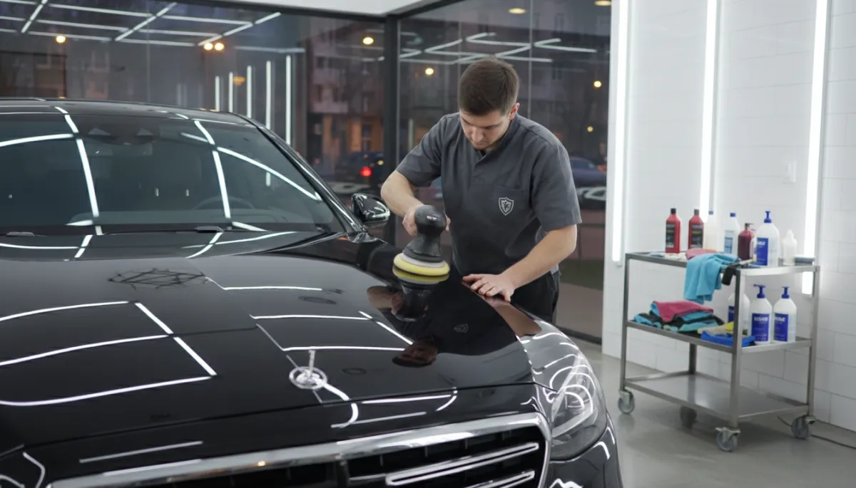 Photorealistic scene of a professional auto detailer in branded uniform carefully polishing the fender of a black luxury sedan inside a modern, well-lit detailing bay, reflections of LED lights on the paint, tools and bottles neatly arranged on a cart nearby