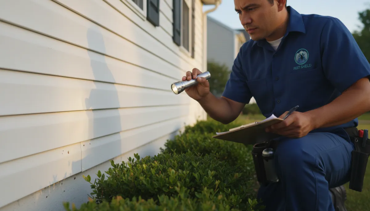 Photorealistic close-up of a professional pest control technician in branded uniform inspecting the exterior foundation of a suburban home, using a flashlight and clipboard, early morning light, white siding and neatly trimmed bushes in the background