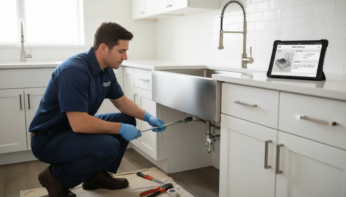 Photorealistic scene of a professional plumber in branded uniform installing a modern stainless-steel kitchen sink and faucet in a bright contemporary kitchen, with tablet on counter showing a CRM schedule and job details