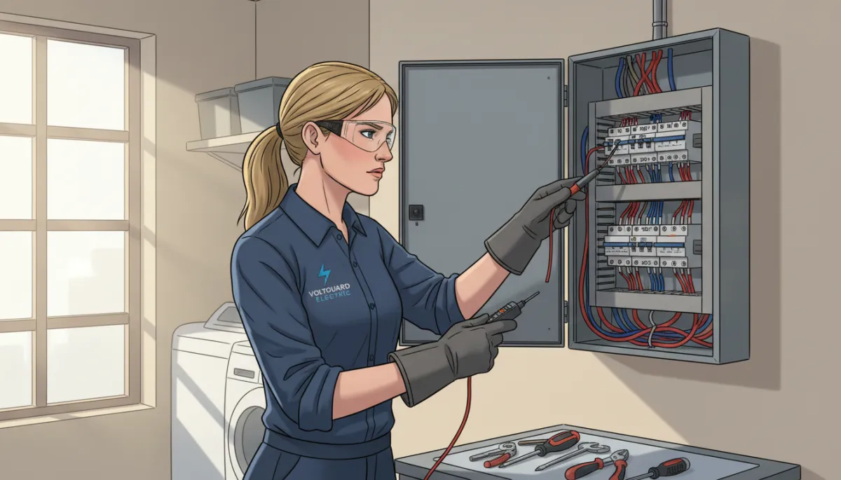 Photorealistic licensed electrician in branded uniform working on an open residential electrical panel, focused expression, organized wiring, bright daylight from nearby window, professional tools and safety gloves visible