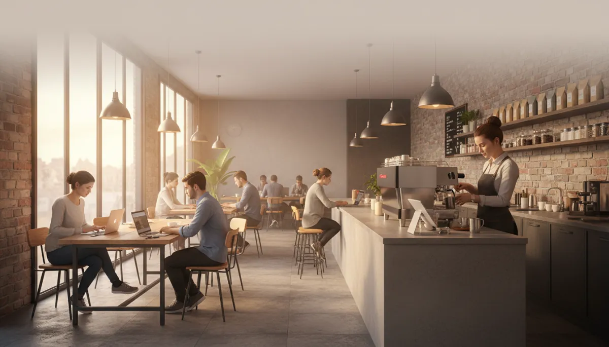 Photorealistic modern coffee shop interior with a barista steaming milk behind the counter, espresso machine and POS tablet visible, customers working on laptops at wooden tables, warm natural light through large windows