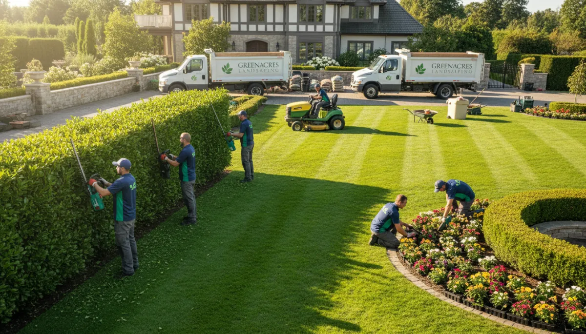 Photorealistic scene of a professional landscaping team trimming hedges, mowing a lush green lawn, and planting flowers in a high-end residential garden on a sunny day, branded trucks and equipment visible in the background