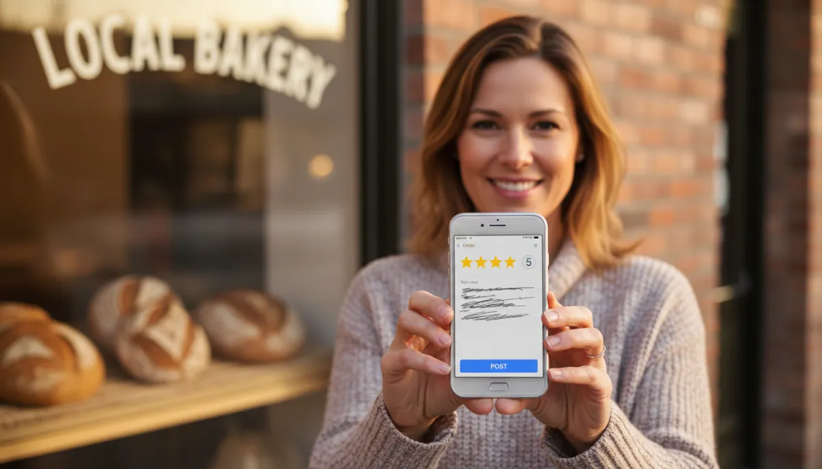 Photorealistic close-up of a smiling customer standing outside a local storefront, holding a smartphone that clearly shows a 5-star Google review being submitted, warm natural daylight, shallow depth of field