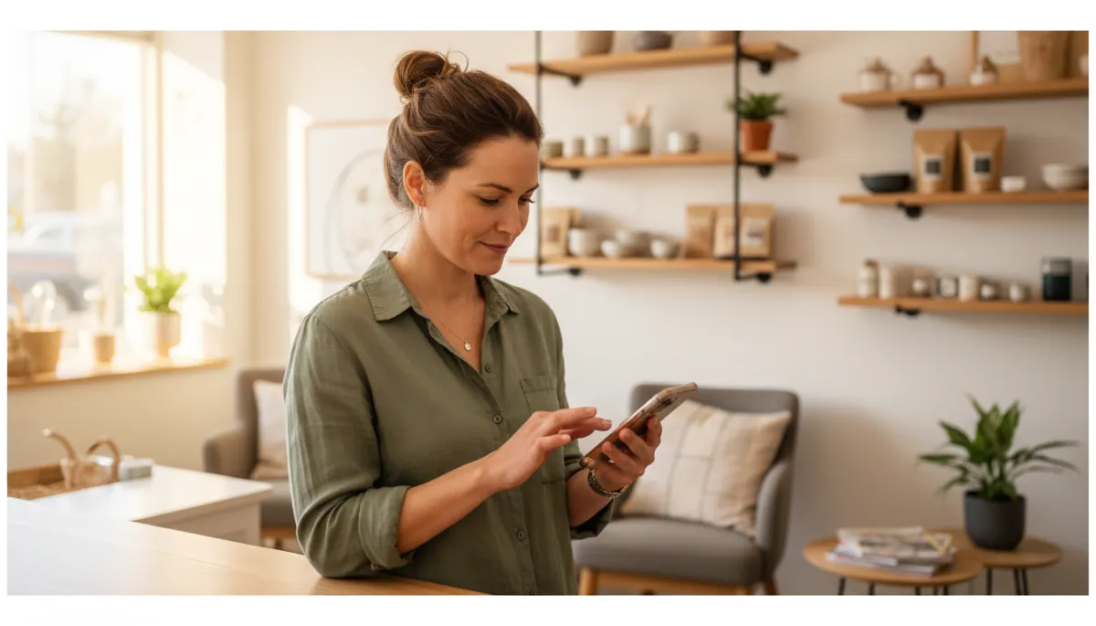 Photorealistic scene of a local business owner in a small modern shop standing at the counter, looking down and composing a review request message on a smartphone, soft natural light, shelves and customer area slightly blurred in background